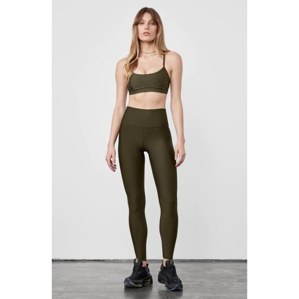 Alo Yoga Airlift Intrigue bra and leggings set in dark olive green, size L